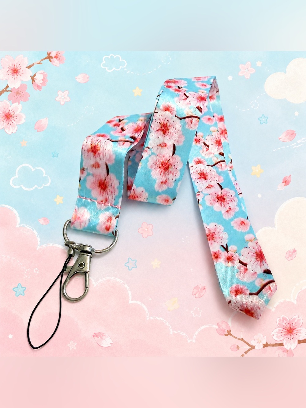 30” 🆕 Blue Cherry Blossom Lanyard ID Badge Holder Keychain Phone Strap